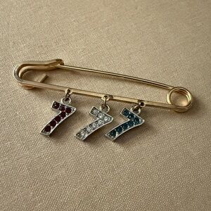 Vintage Style Triple Lucky 7 Safety Pin Brooch Gold Tone Rhinestone Charm Pin